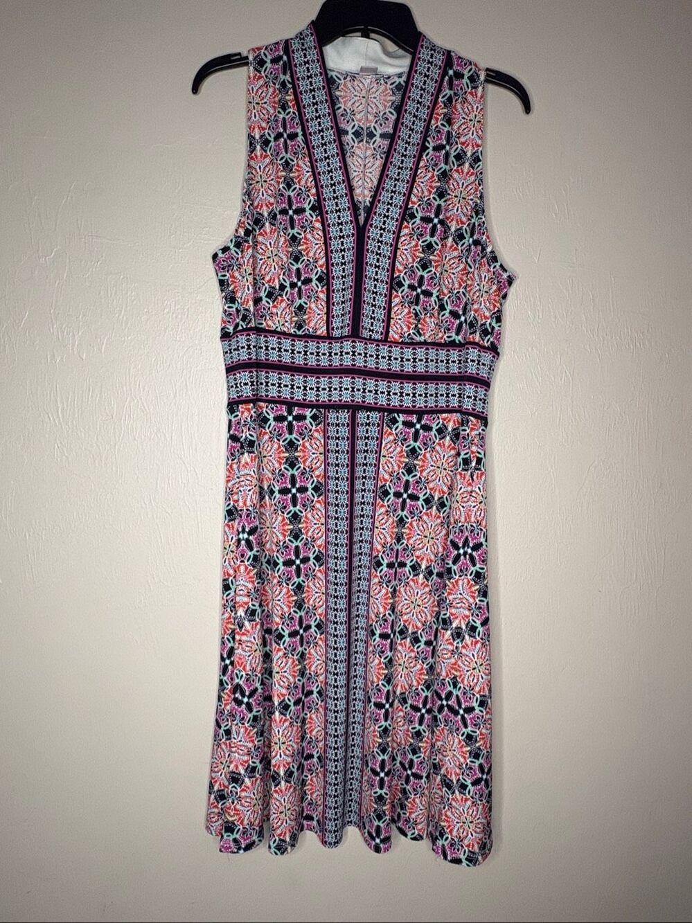 London Times Women's Multicolor Geometric Floral Sleeveless Fit Flare Dress Size